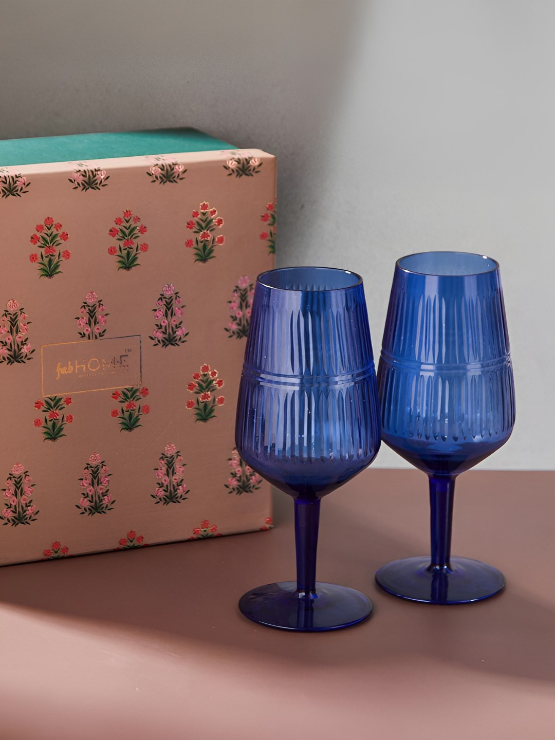 Fabindia Blue 2 Pieces Food-Safe Glass Wine Glasses