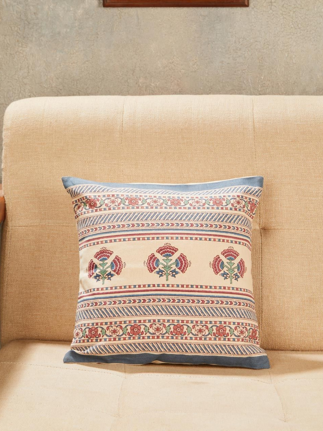 Fabindia Urmika Peach Colored & Pink Printed Cotton Square Cushion Cover