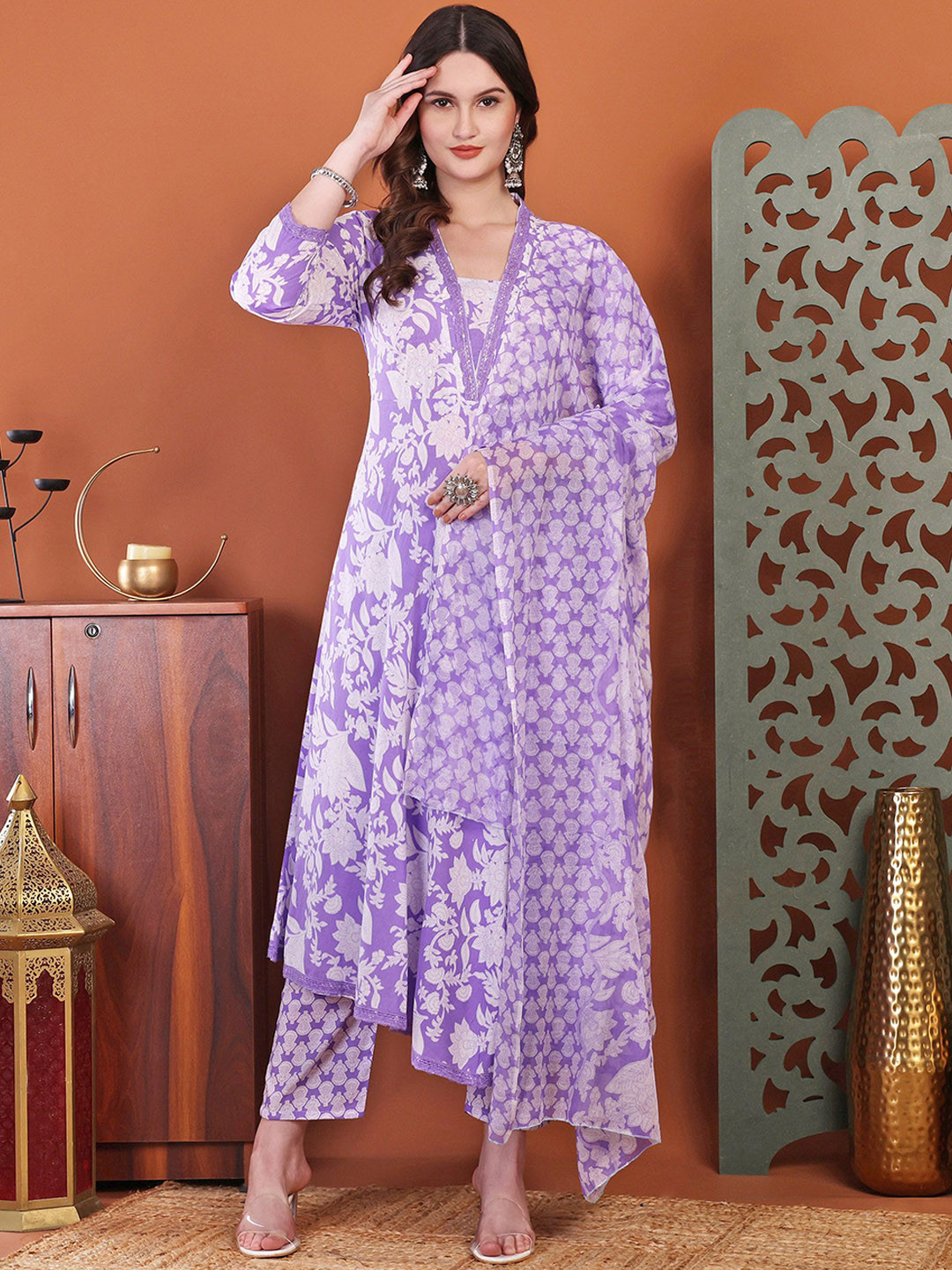 SINGNI Women Floral Print Sequinned Pure Cotton Anarkali Kurta with Trouser & Dupatta