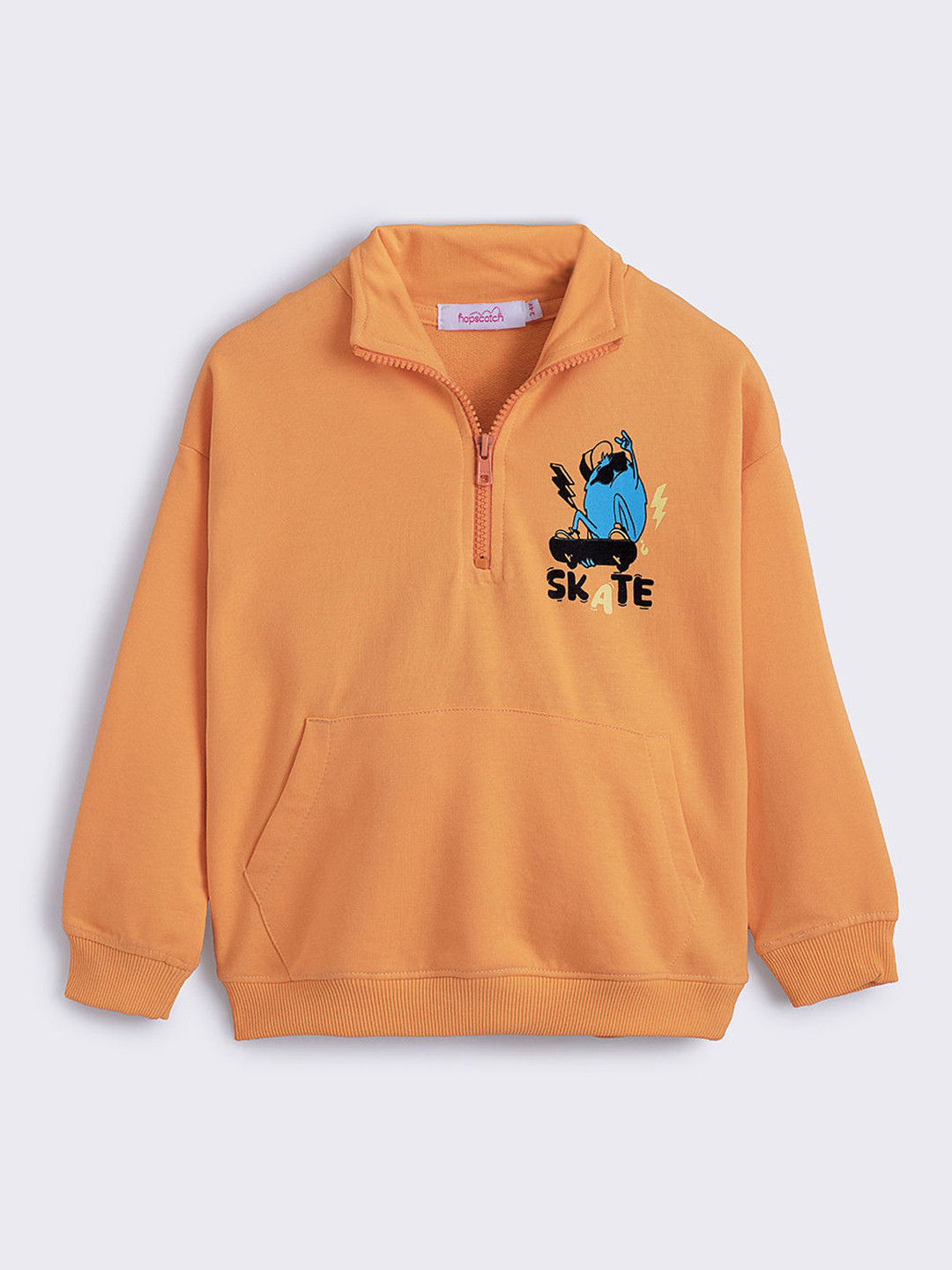 Hopscotch Boys Orange Back Printed Cotton Shirt Collar With Kangaroo Pockets Sweatshirt