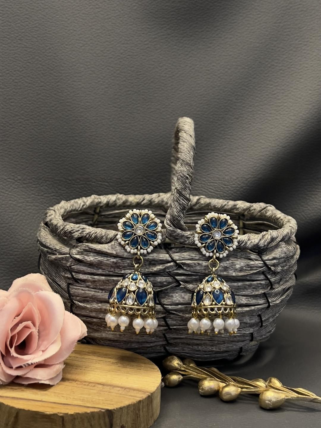 Fashion Theme Women Blue Gold-Plated Artificial Stones and Beads Handcrafted Jhumkas