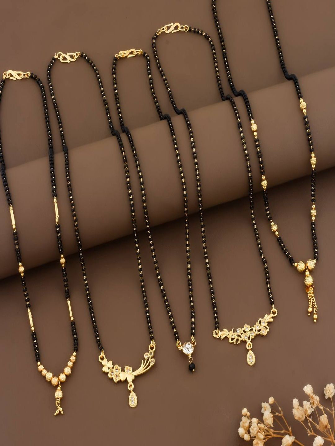 LaChoiceIt Set Of 5 Gold-Plated Artificial Stones Studded And Beaded Mangalsutras