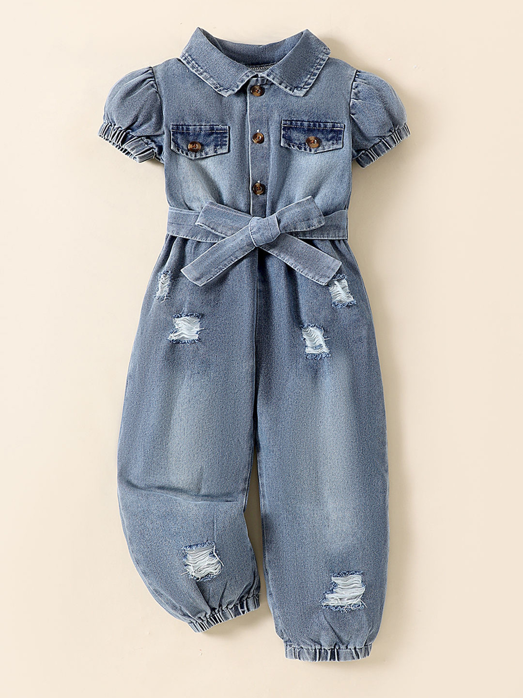 Hopscotch Girls Blue Shirt Collar Distress Denim Jumpsuit