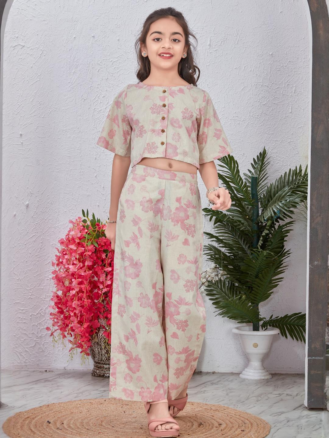 IRSIA Girls Cream Cotton Floral Print Crop Top Co-Ords