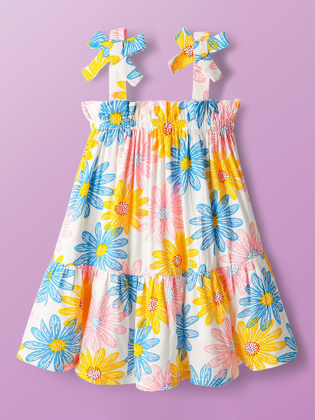 CrayonFlakes Girls Floral Printed Frilled Strap Shoulder Dress