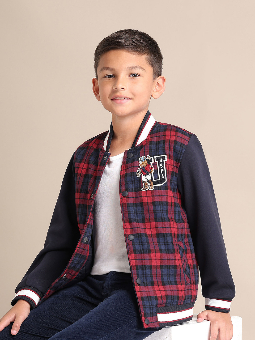 U.S. Polo Assn. Kids Boys Checked Pure Cotton Varsity Jacket