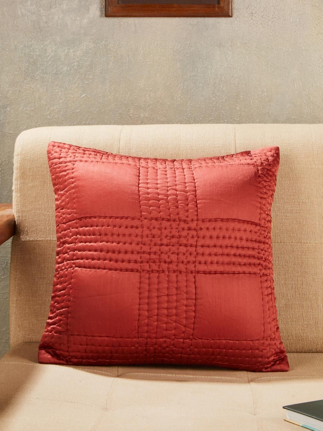 Fabindia Nazm Red Quilting Square Cushion Cover