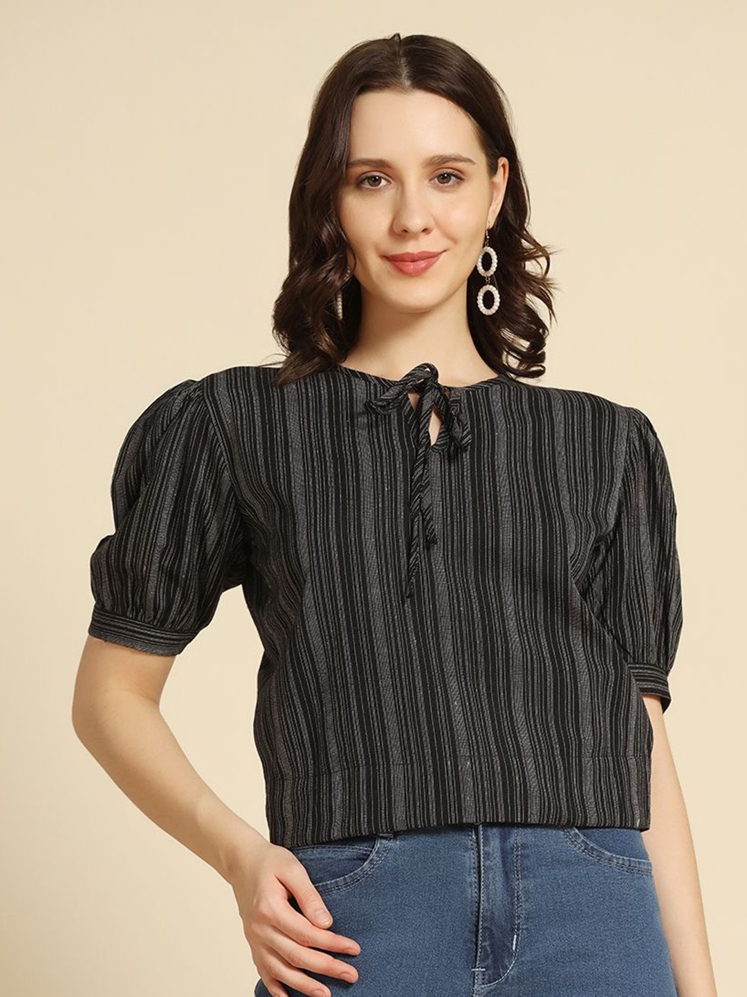 FERY LONDON Women Striped Tie-Up Neck Top