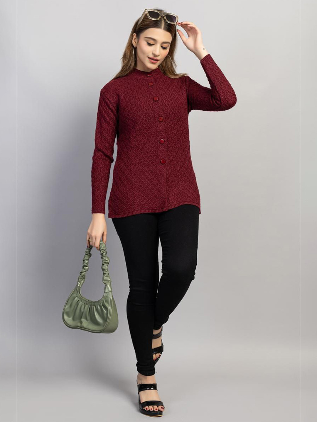 Dart Line Women Round Neck Ribbed Cardigan