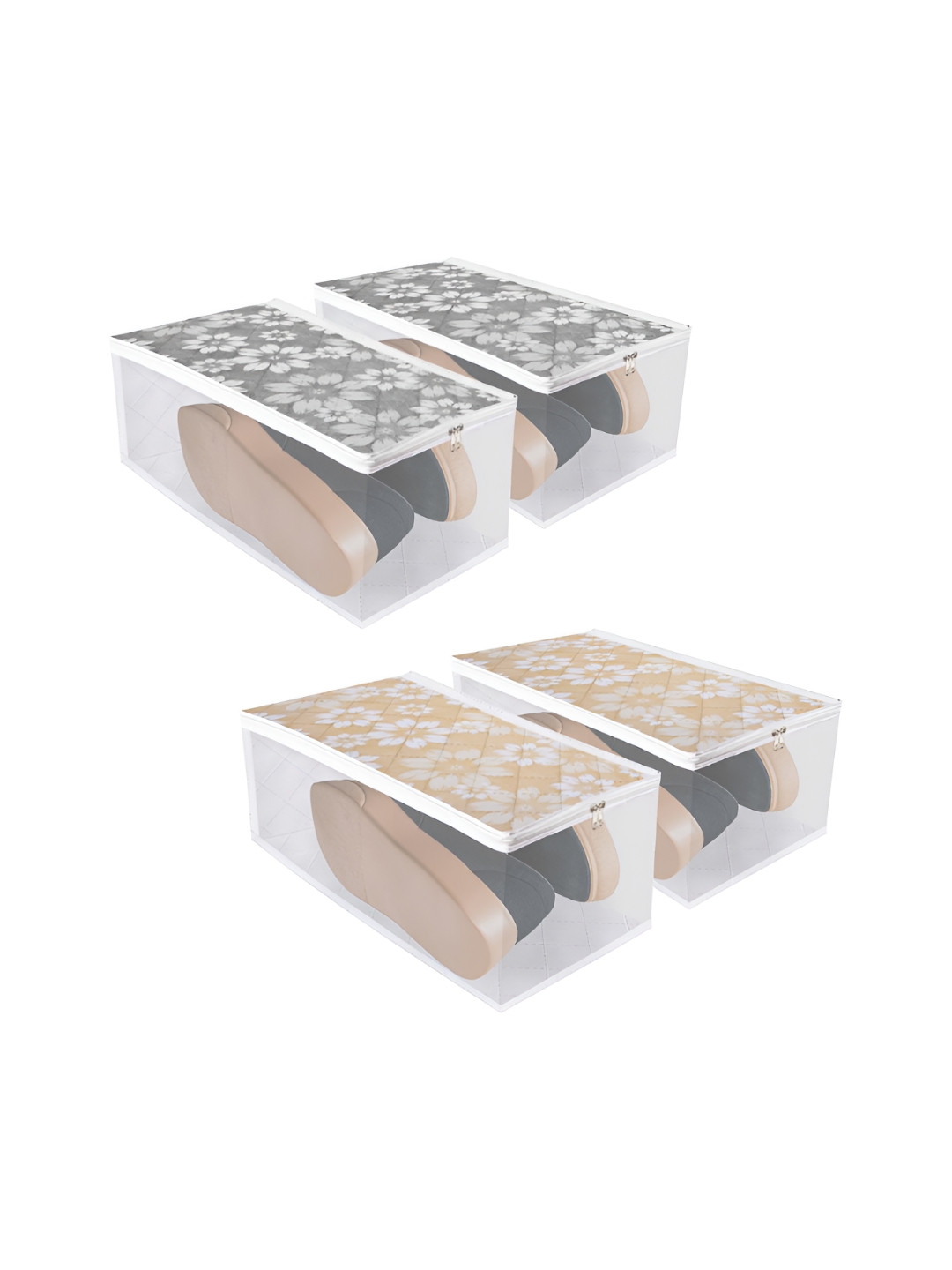 Aura White & Grey 4 Pieces Printed Shoe Bags With Side Visible Windows