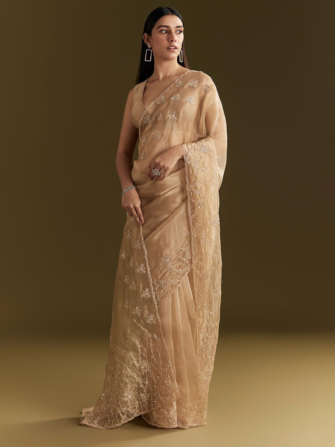 KALKI Fashion Embellished Beads and Stones and Heavy Cutdana Work Tissue Saree