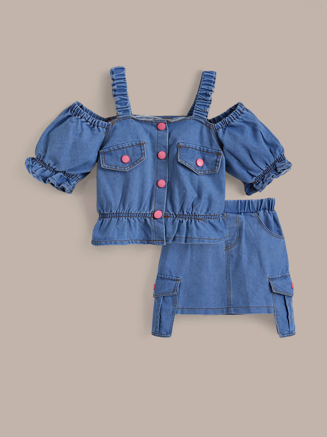 Hopscotch Girls Ruffled Denim Blouse With Skirt