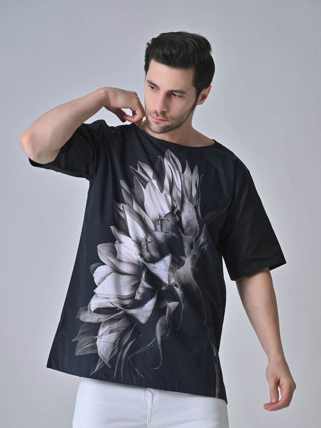 SAMANT CHAUHAN Men Midnight Petal Printed Relaxed Fit Cotton T-shirt