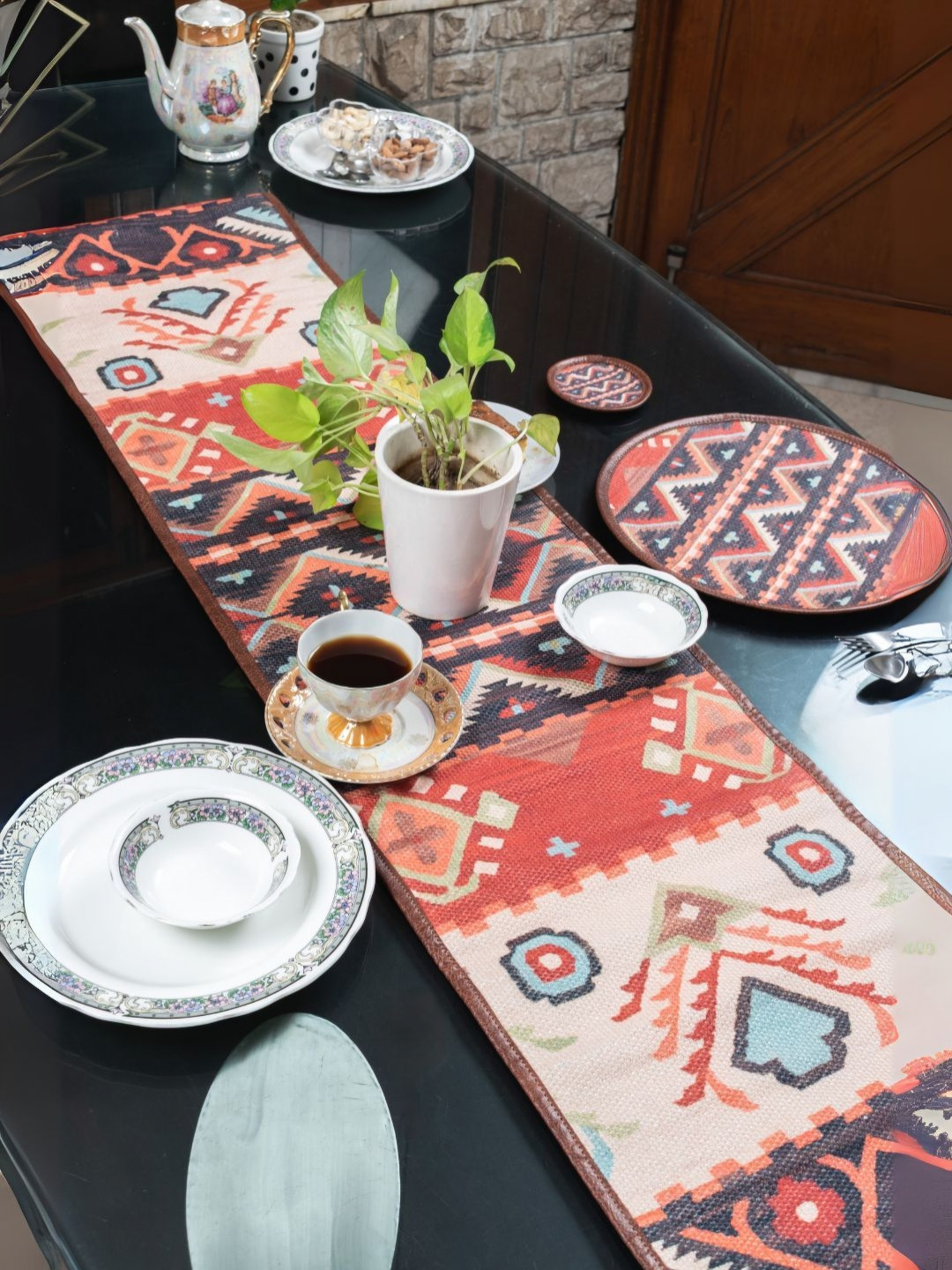 Mona B Vintage Red & Beige Printed Table Runner