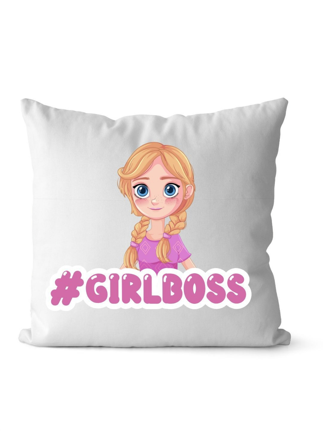 Loops n knots White & Pink Cute Girl Boss Printed Pre-Filled Cushion