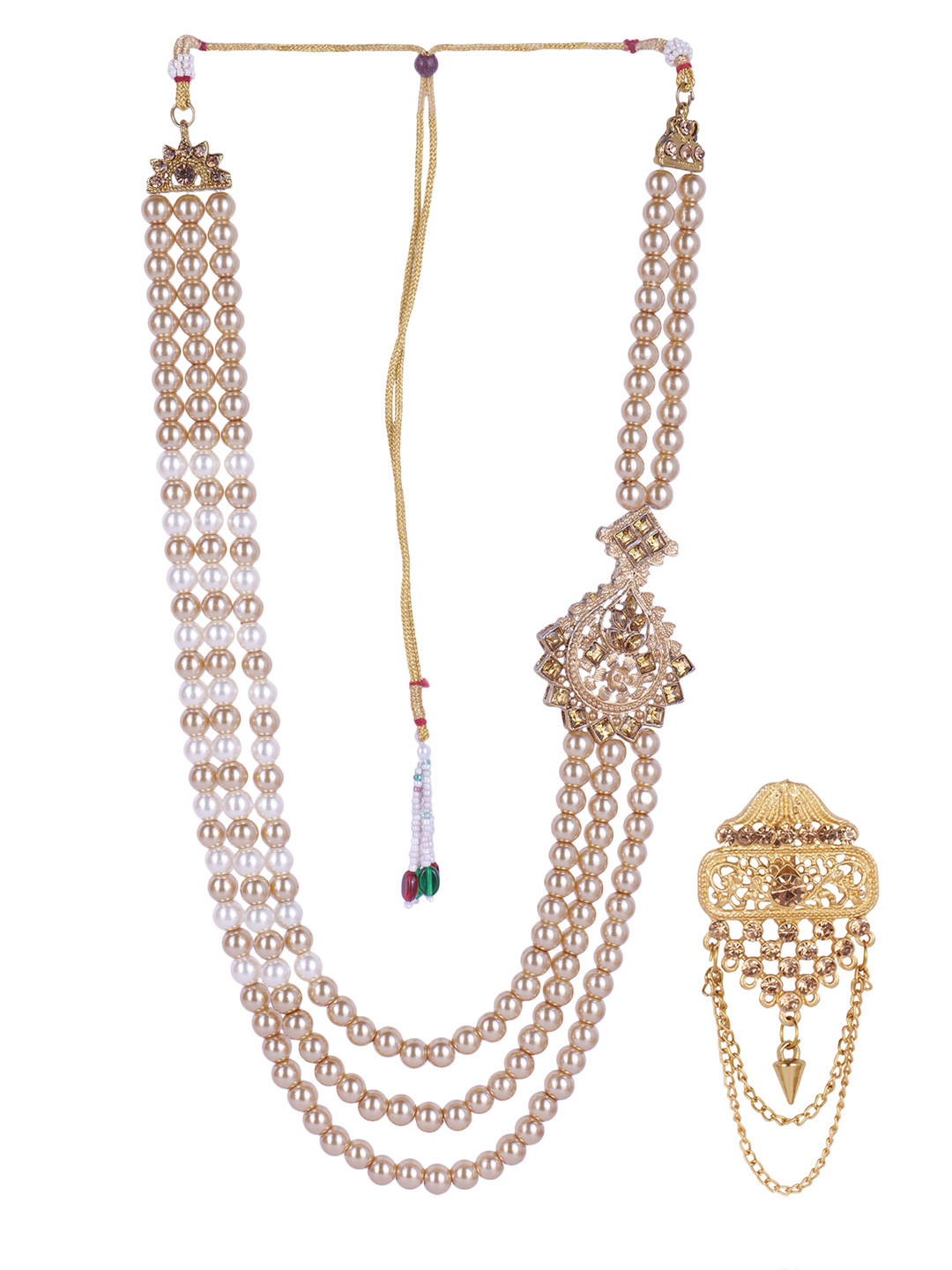 JIYANSHI FASHION Men Gold-Plated Pearl Beaded Necklace & Brooch