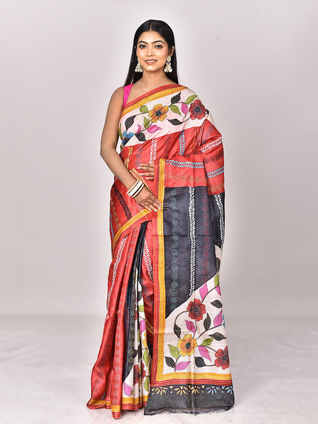 RAM SHYAM collection Floral Hand Print Kantha Work  Tussar Saree