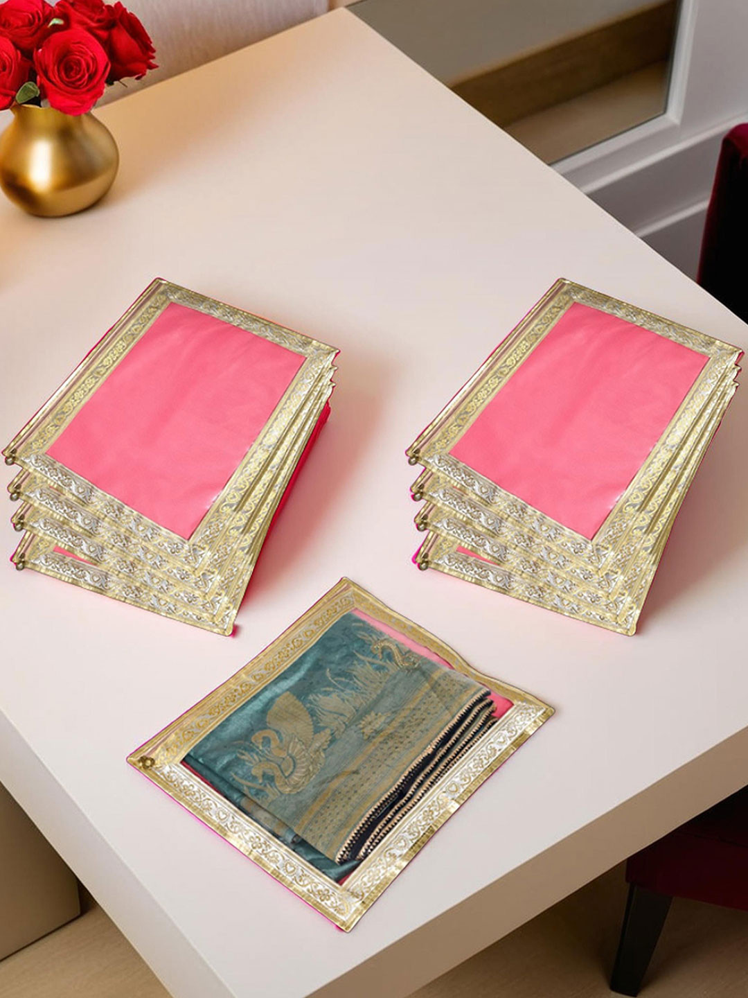 Kuber Industries Pink & Gold Toned 9 Pieces Self Design Fabric Cloth Organisers