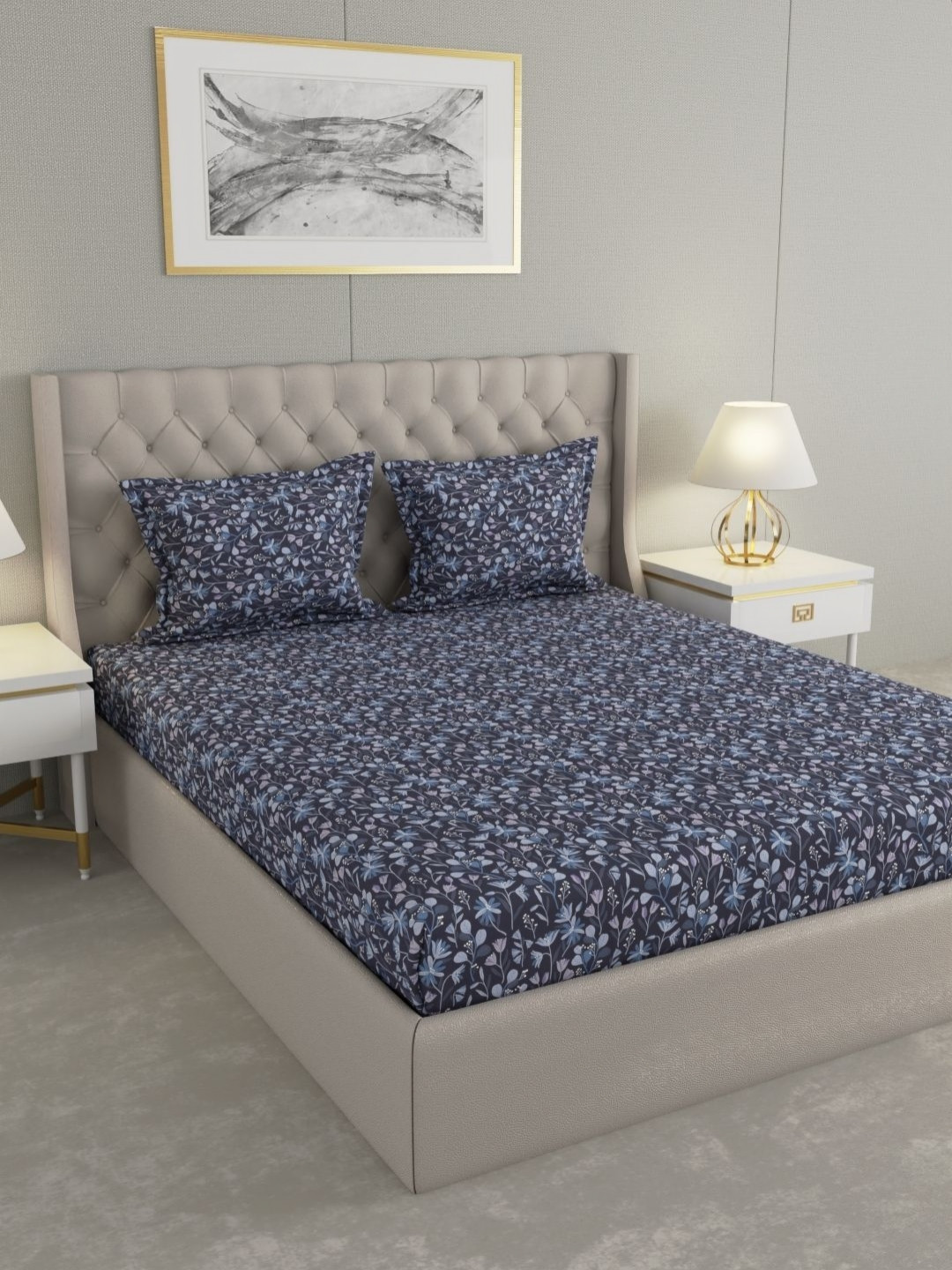 Raymond Home Lush Petal Black Printed Microfiber 110 TC Queen Bedsheet Set 2.25 m x 2.2 m