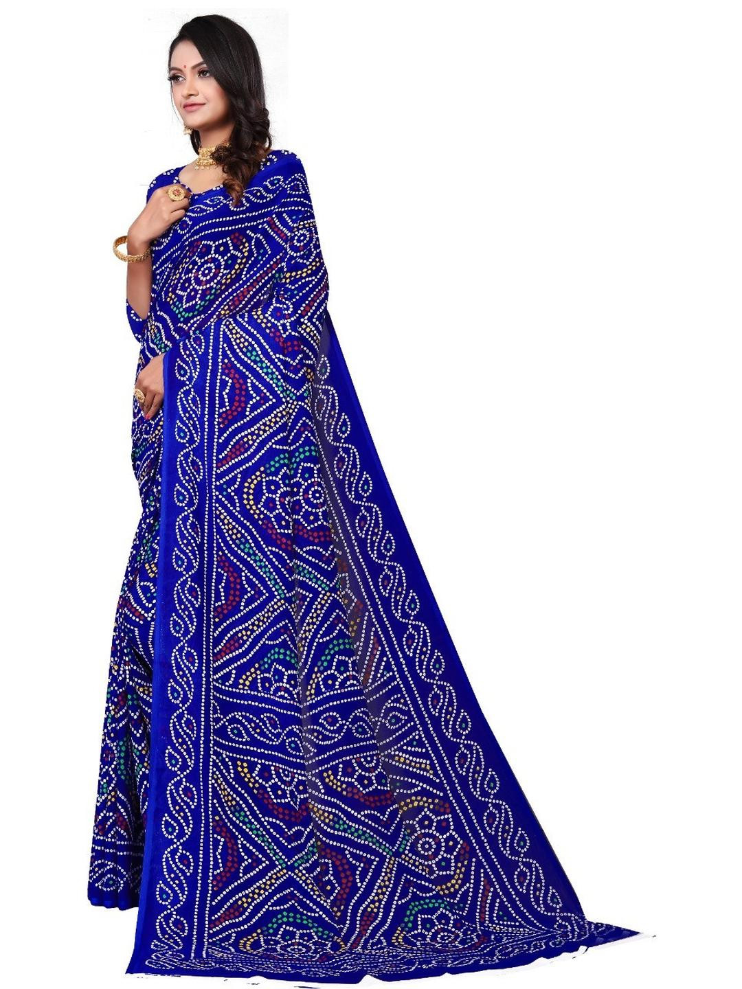 KANOODA Women Blue Pure Georgette Bandhani Printed Ethnic Saree With Blouse Piece