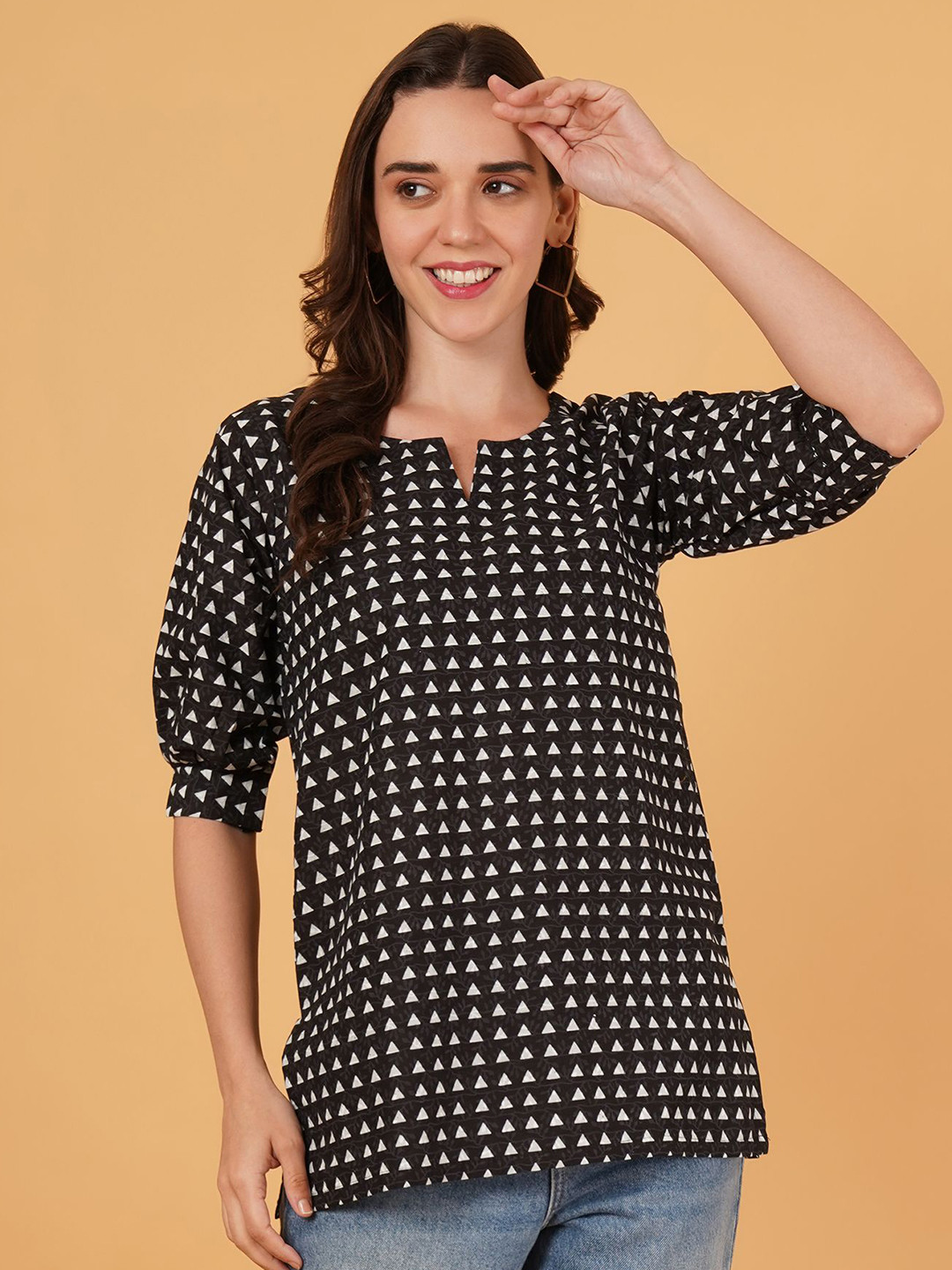 M FASHION Women Geometric Printed V-Neck A-Line Longline Cotton Top