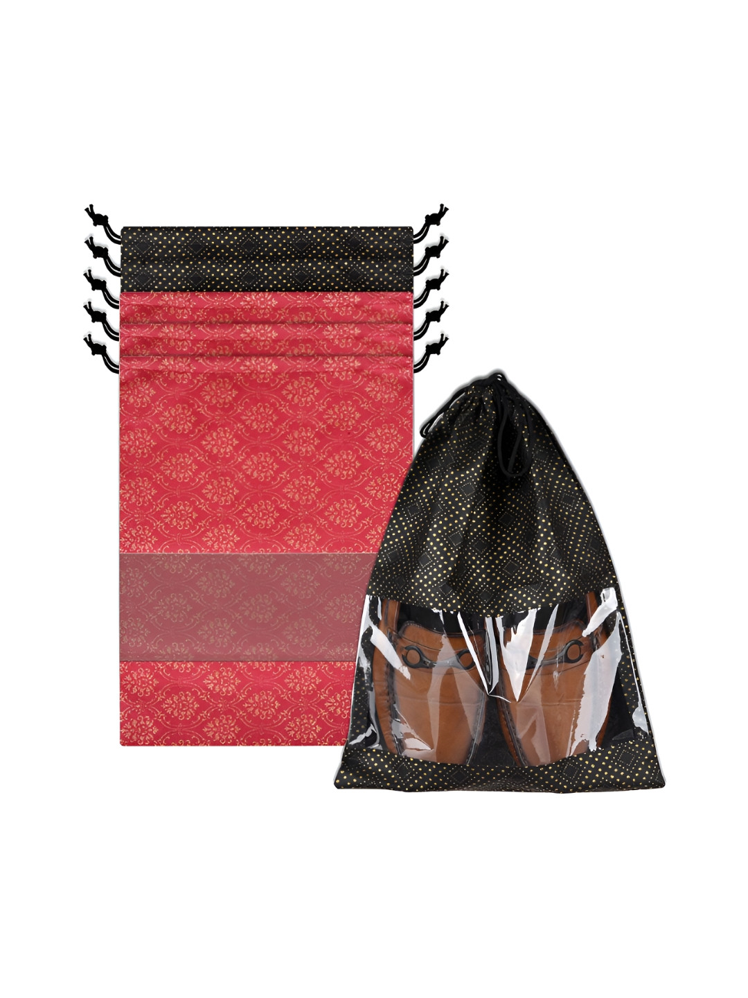 Aura Maroon & Black Set Of 6 Printed Shoe Bags