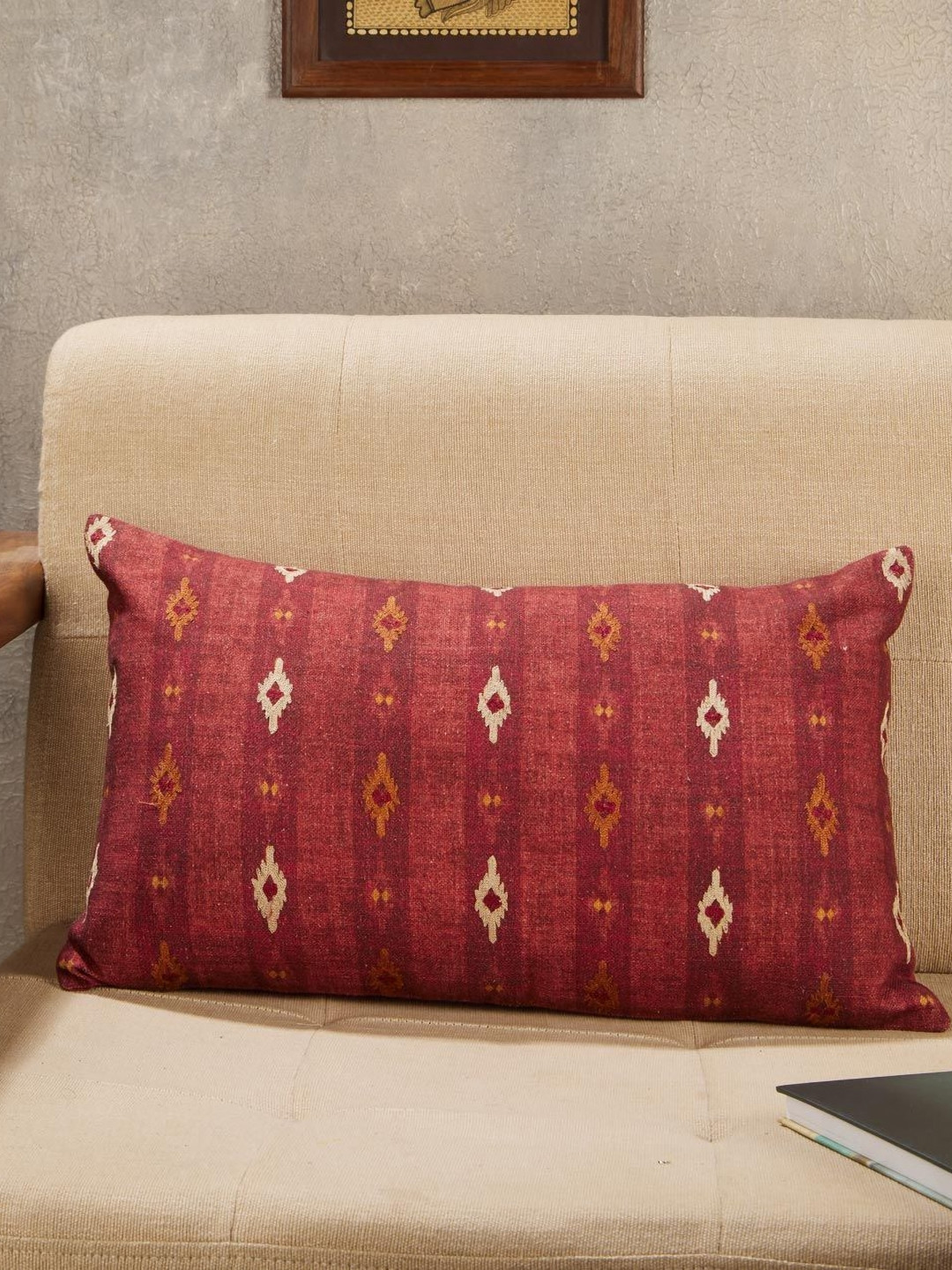 Fabindia Zahara Maroon & Beige Embroidered Cotton Rectangle Cushion Cover