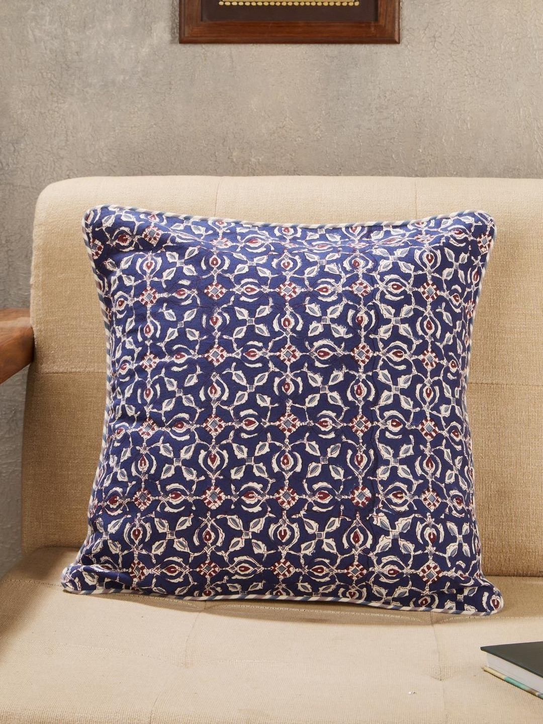 Fabindia Jamuni Blue & White Printed Cotton Square Cushion Cover