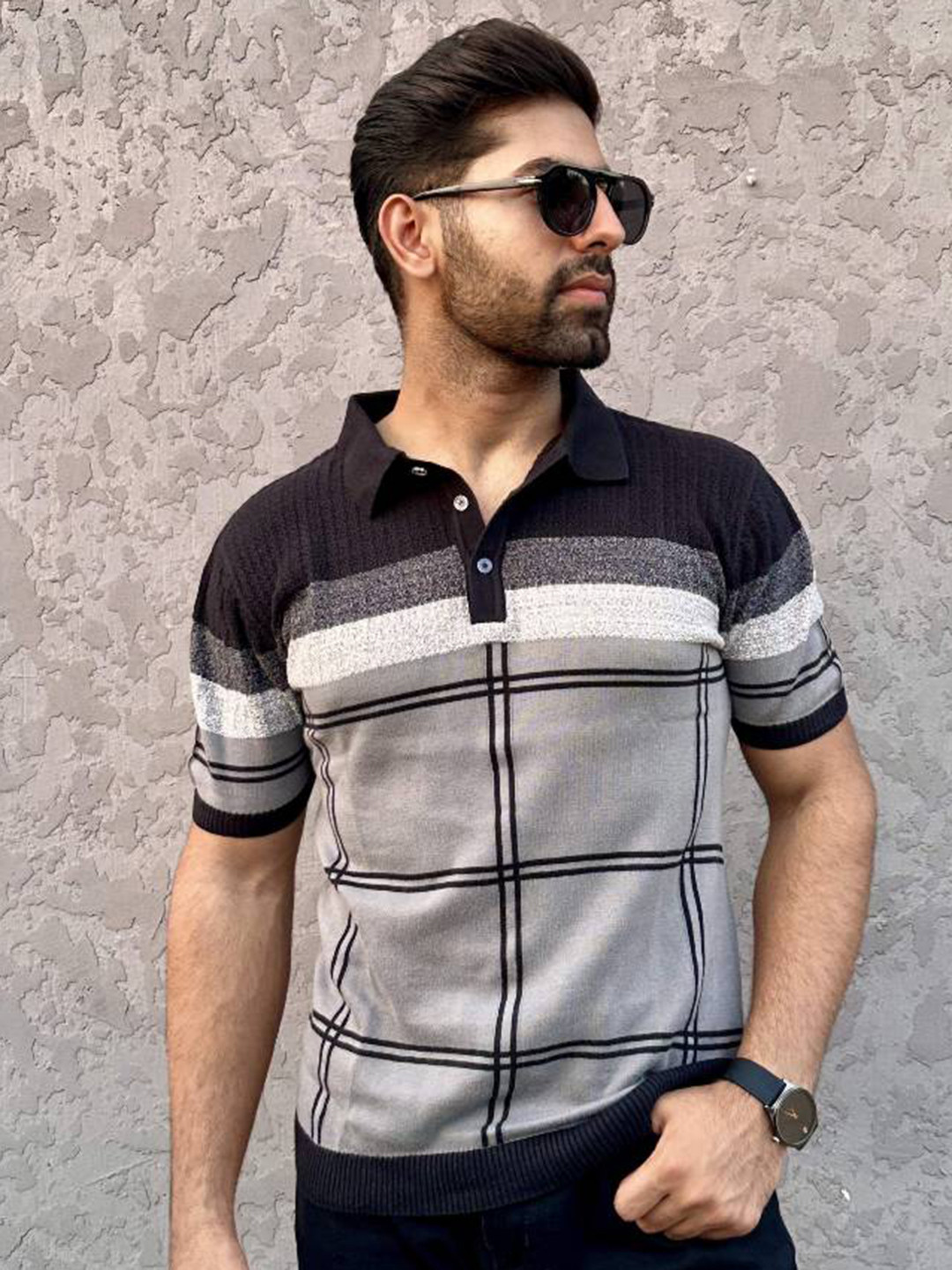 Raimbera Men Checked Polo Collar Cotton T-shirt