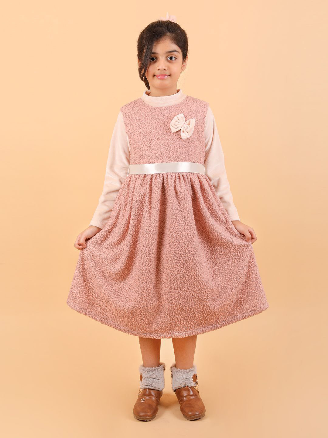 CALYX CLOTHING Girls Fit & Flare Ribbed Midi Dress  & Bow Accent