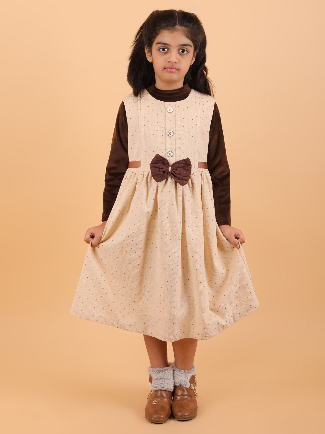 CALYX CLOTHING Girls Printed Cotton Long Sleeves Fit & Flare Midi Dress & Bow Accent