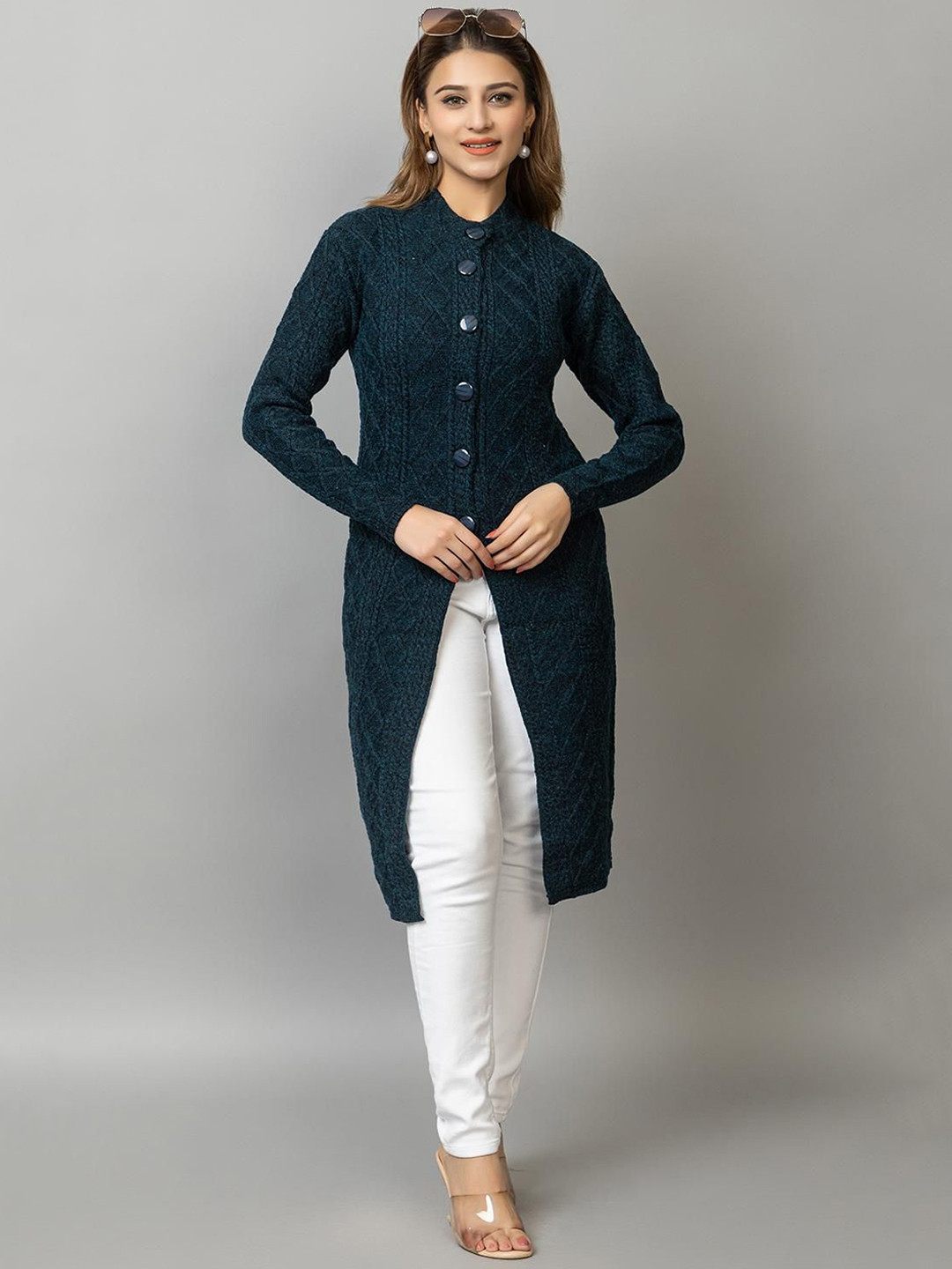Dart Line Self Design Band Collar Longline Cardigan