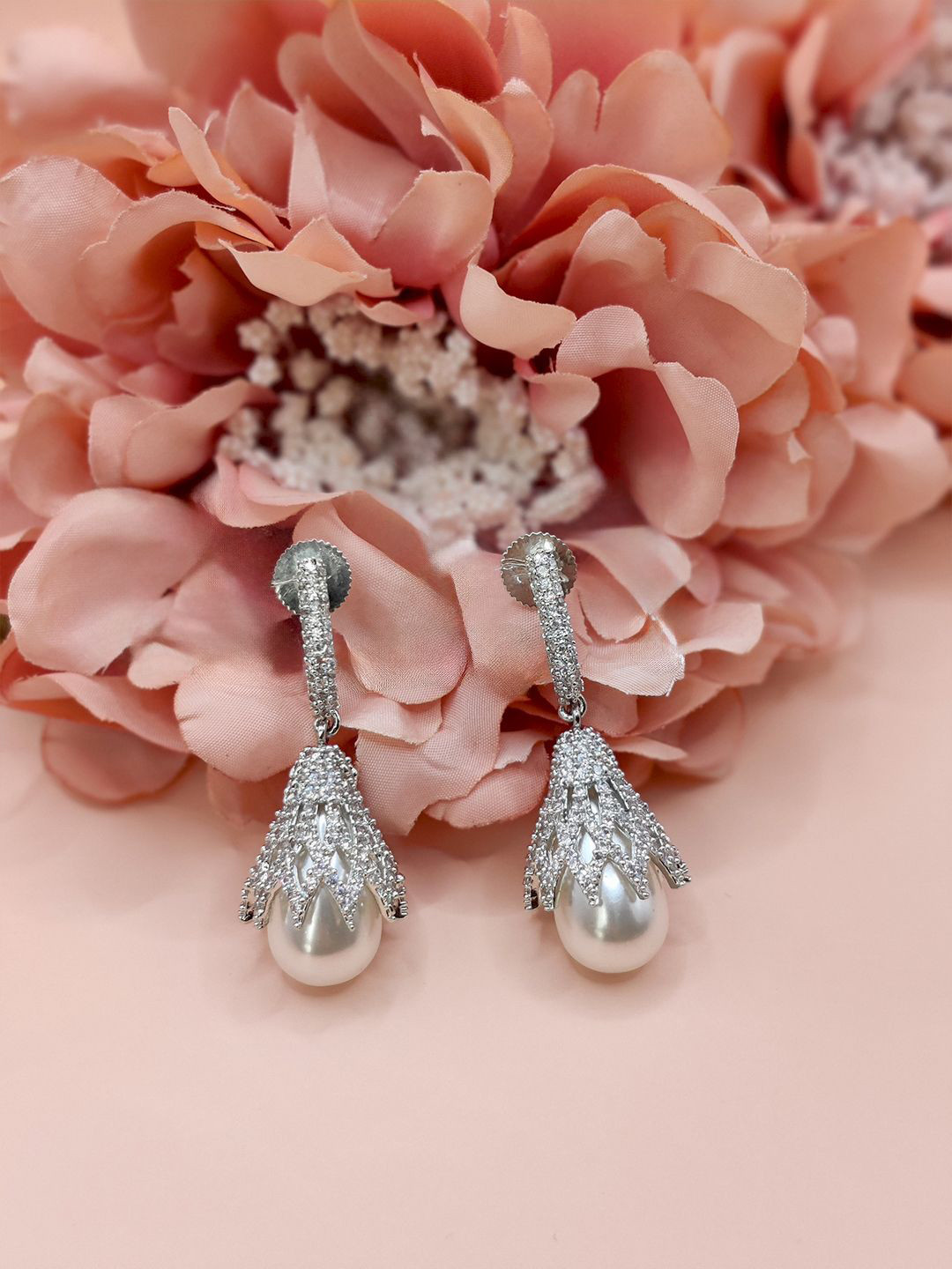 Ruh By Ruchi Tandon Rhodium-Plated Crystals Studded & Pearls Beaded Teardrop Drop Earrings