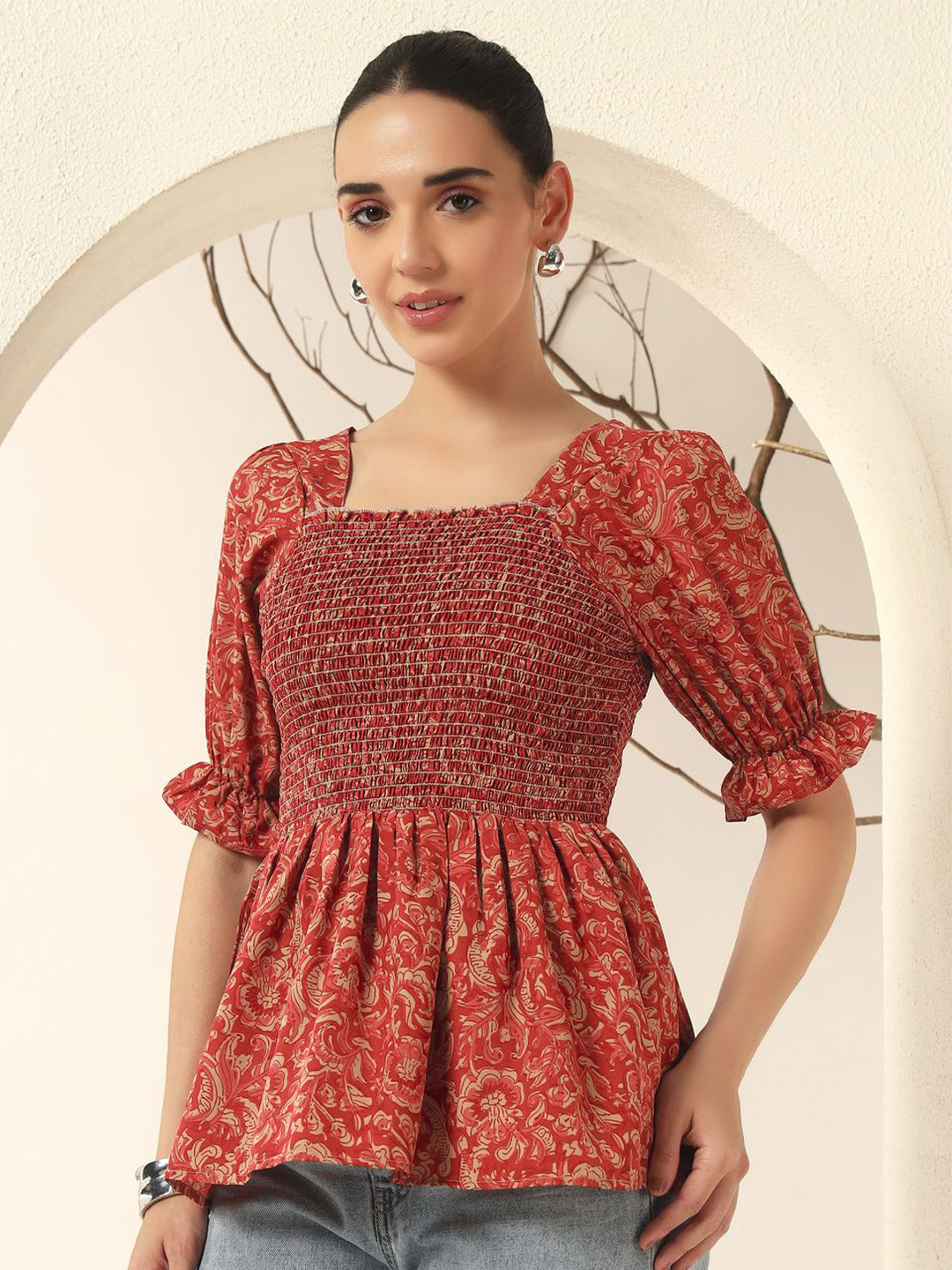OTABU Women Ethnic Printed Puff Sleeve Smocked Peplum Top