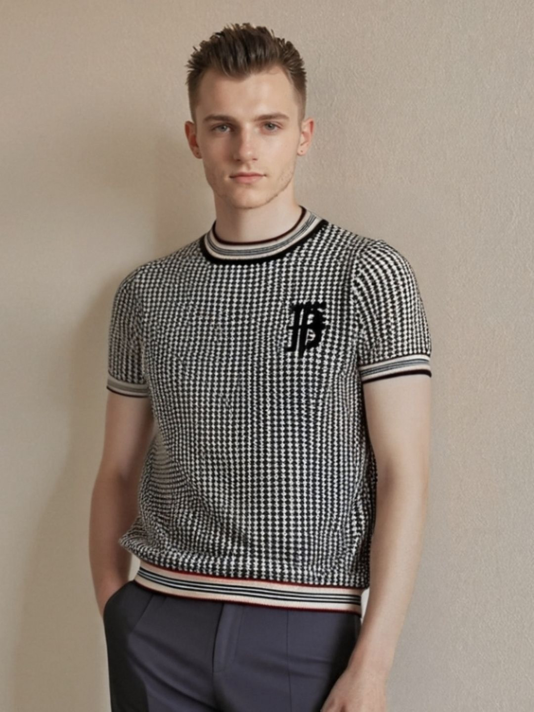 Off White & Black Checked Round Neck T-shirt
