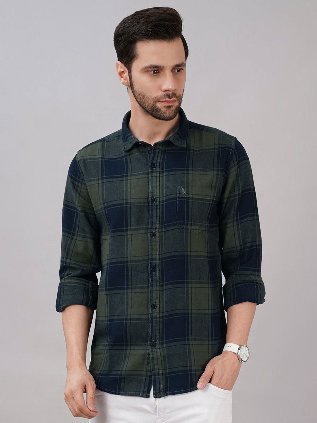 Sand Dunes Slim Fit Shepherd Checks Checked Spread Collar Cotton Shirt