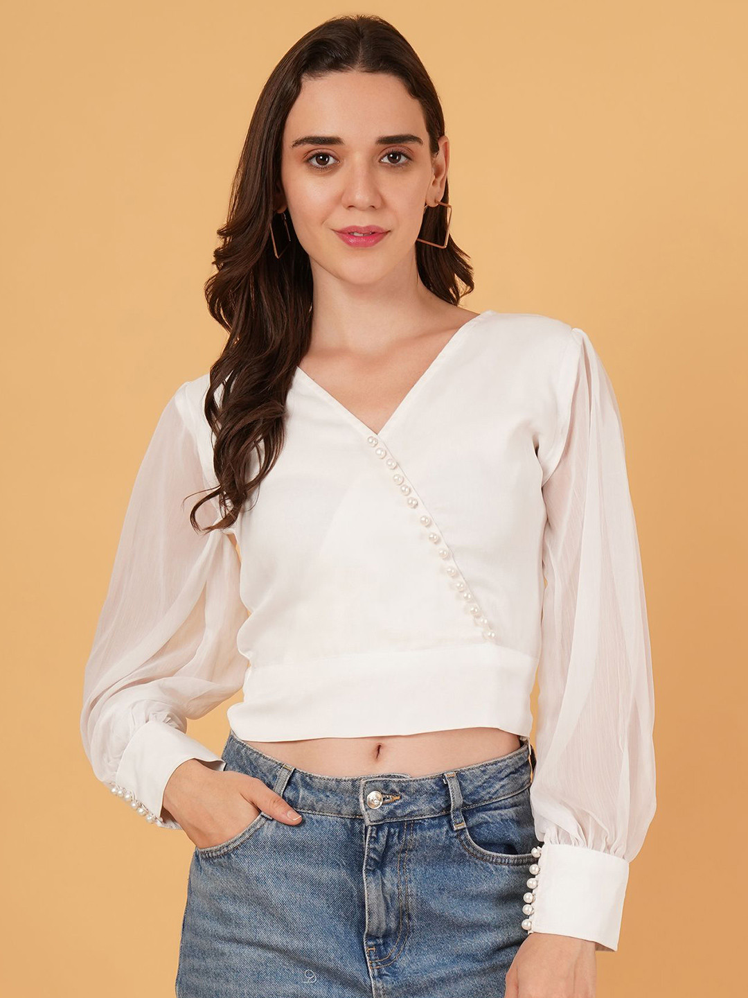 M FASHION Women V-Neck Long Sleeves Chiffon Top