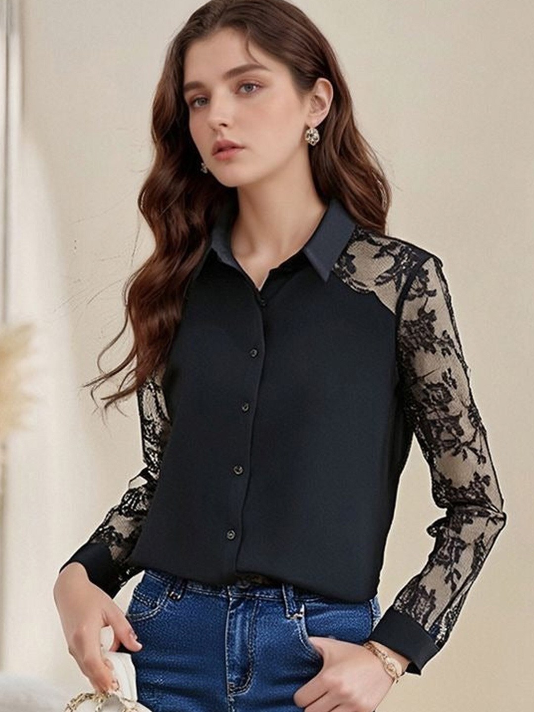 Outzidr Women Black Solid Shirt with Lace Inserts