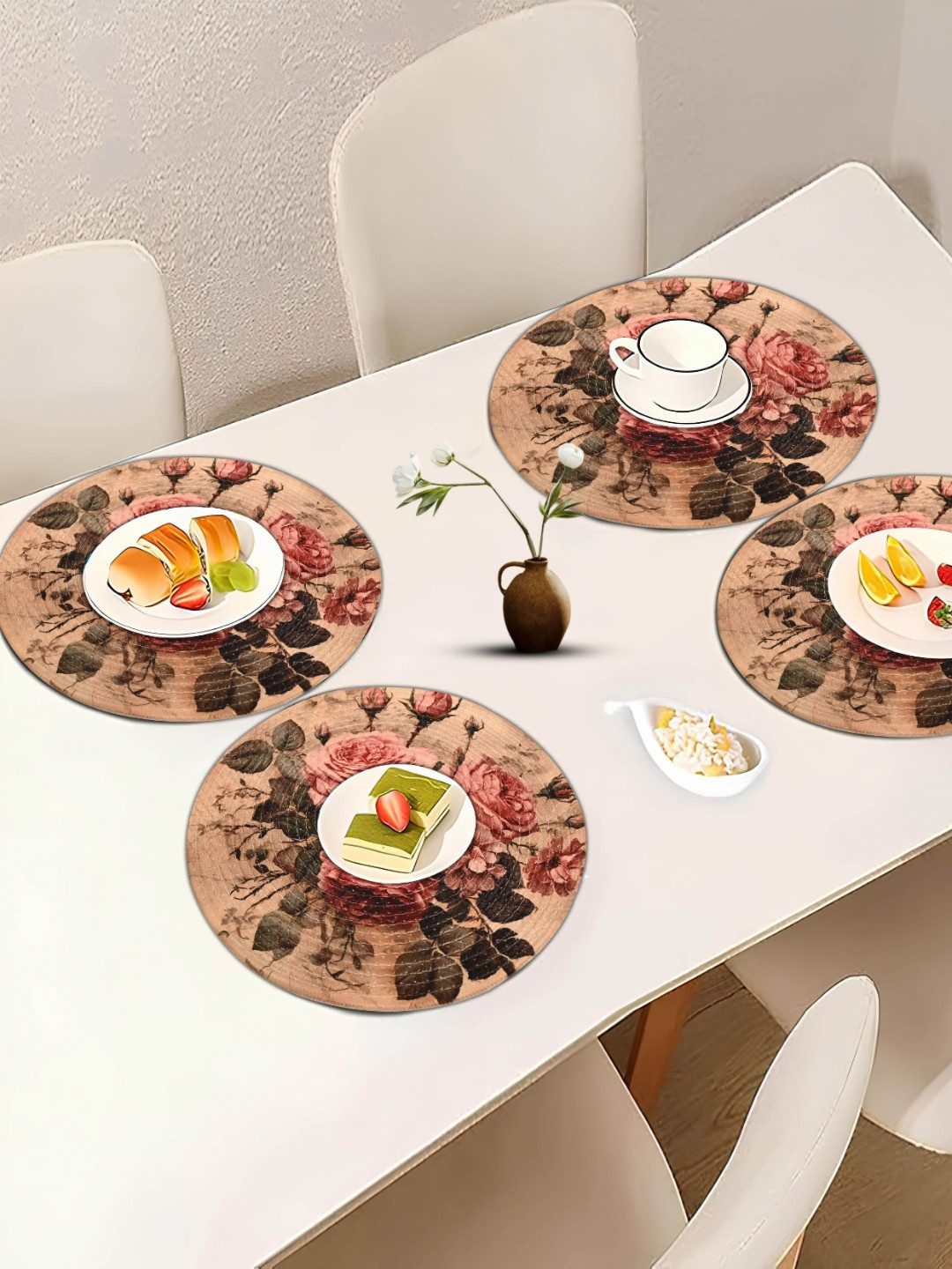 Aura Gold & Pink 4 Pieces Floral Round Cotton Table Placemats