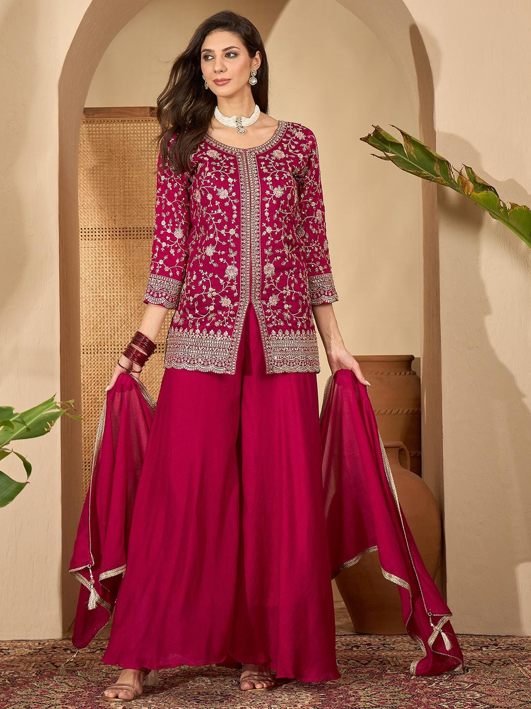 Sangria Women Red Embroidered Regular Sequinned Kurti Set With Palazzos & Dupatta