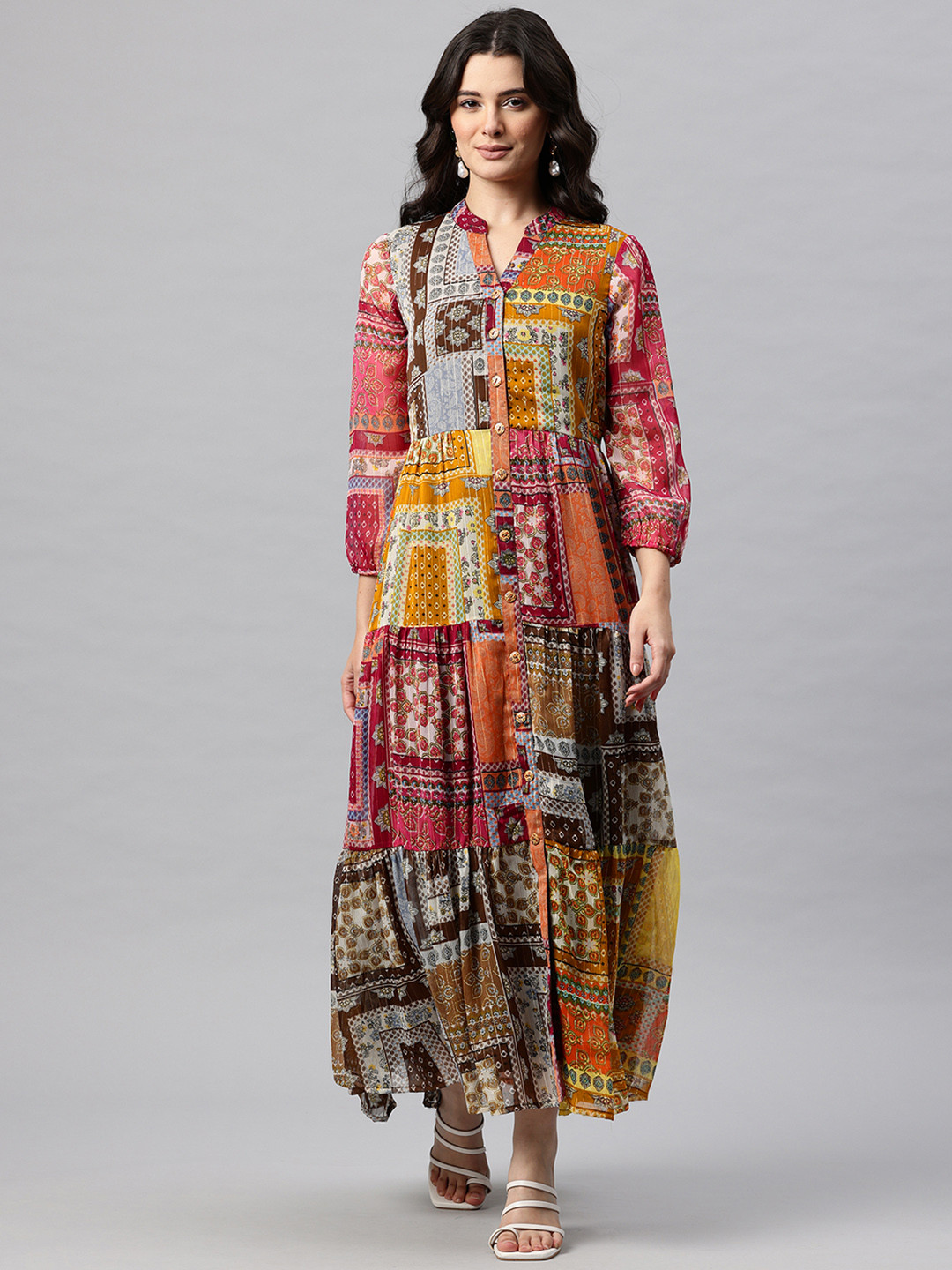 Cottinfab Bohemian Print Puff Sleeve Georgette A-Line Maxi Dress