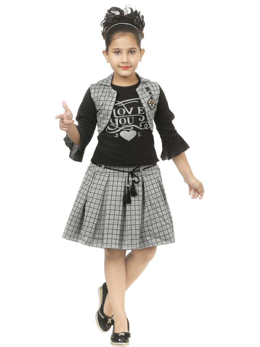 KJD Girls Checked Print Top With Skirt