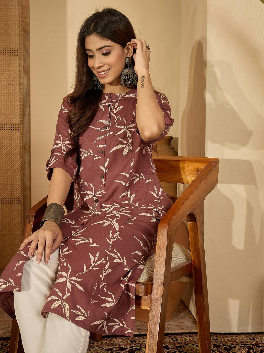 Sangria Women Leaf Printed Button Down Floral Kurta