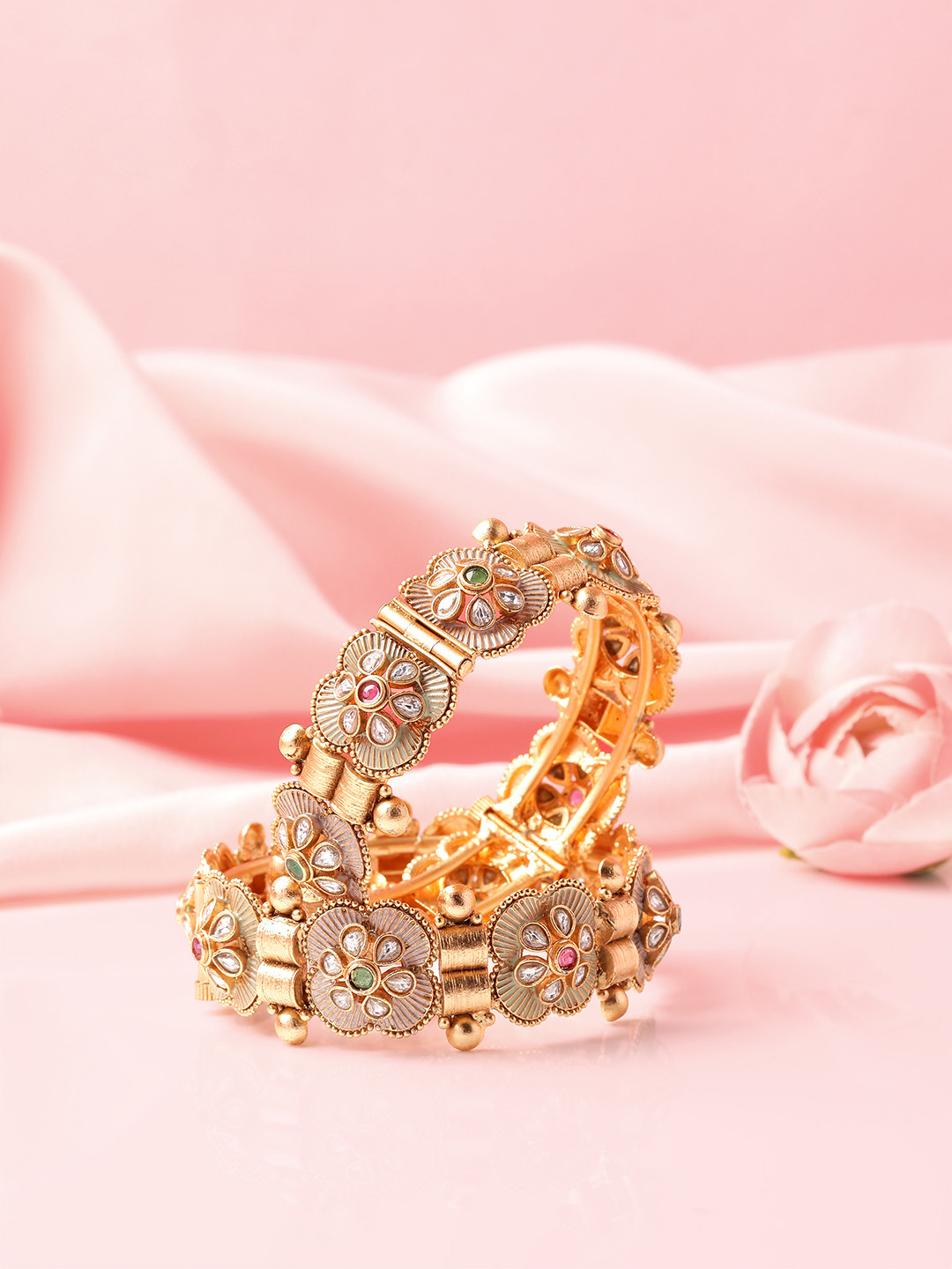 Panini jewels Set Of 2 Gold-Plated American Diamond & Ruby Studded Bangles