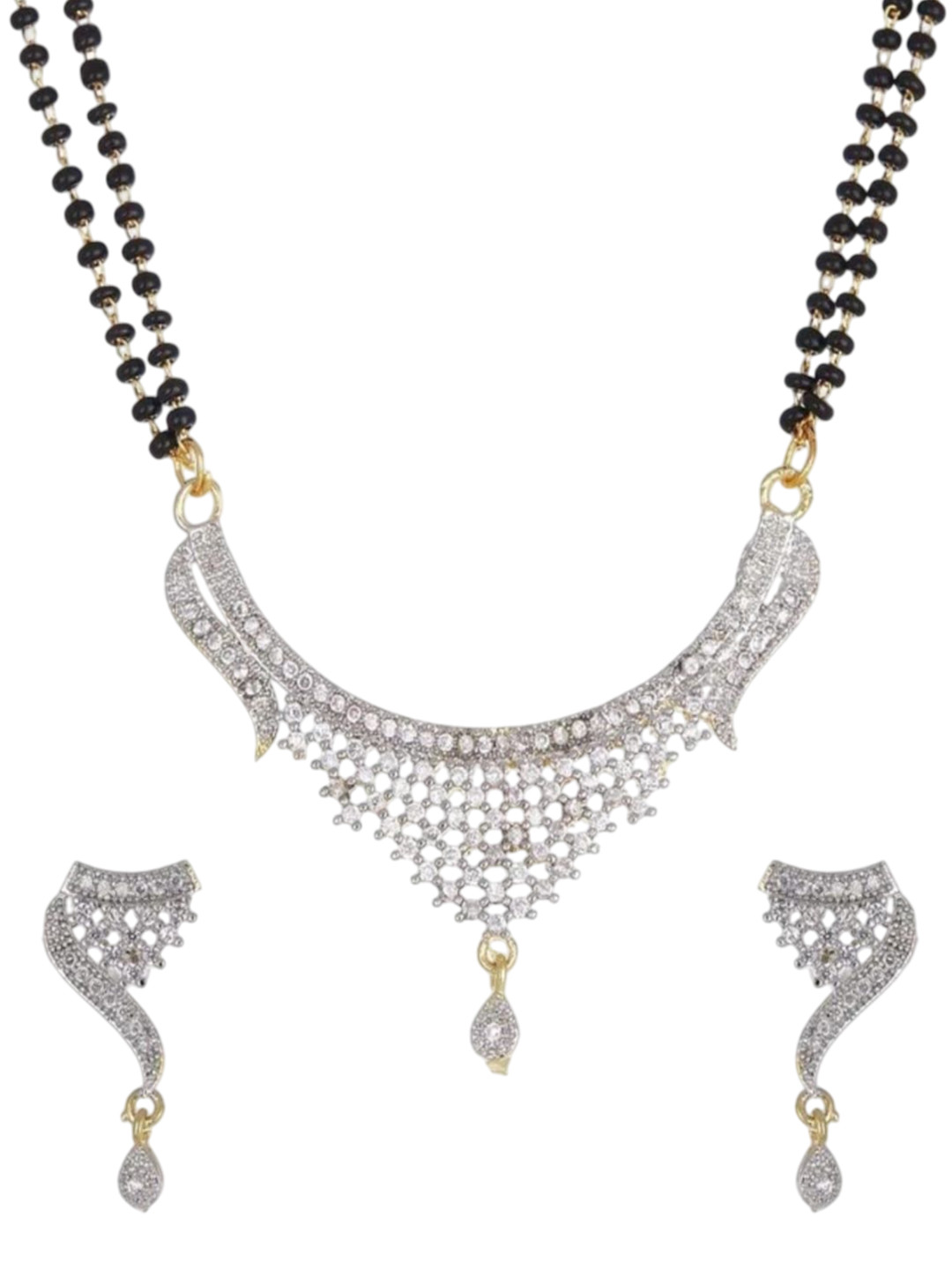 Navya Collection American Diamond Studded & Beaded Mangalsutra With Earrings