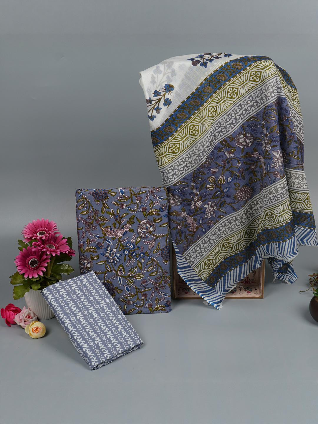 Kwatchi Printed Pure Cotton HandBlock Unstitched Salwar Suits Dress Materials