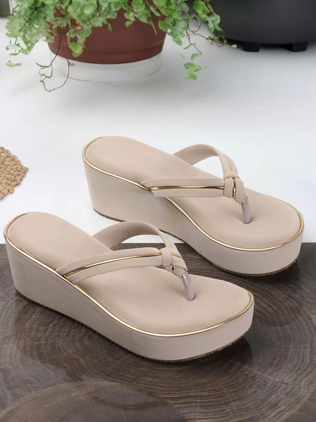 Looper Beige V Shape Wedge Heel Sandals