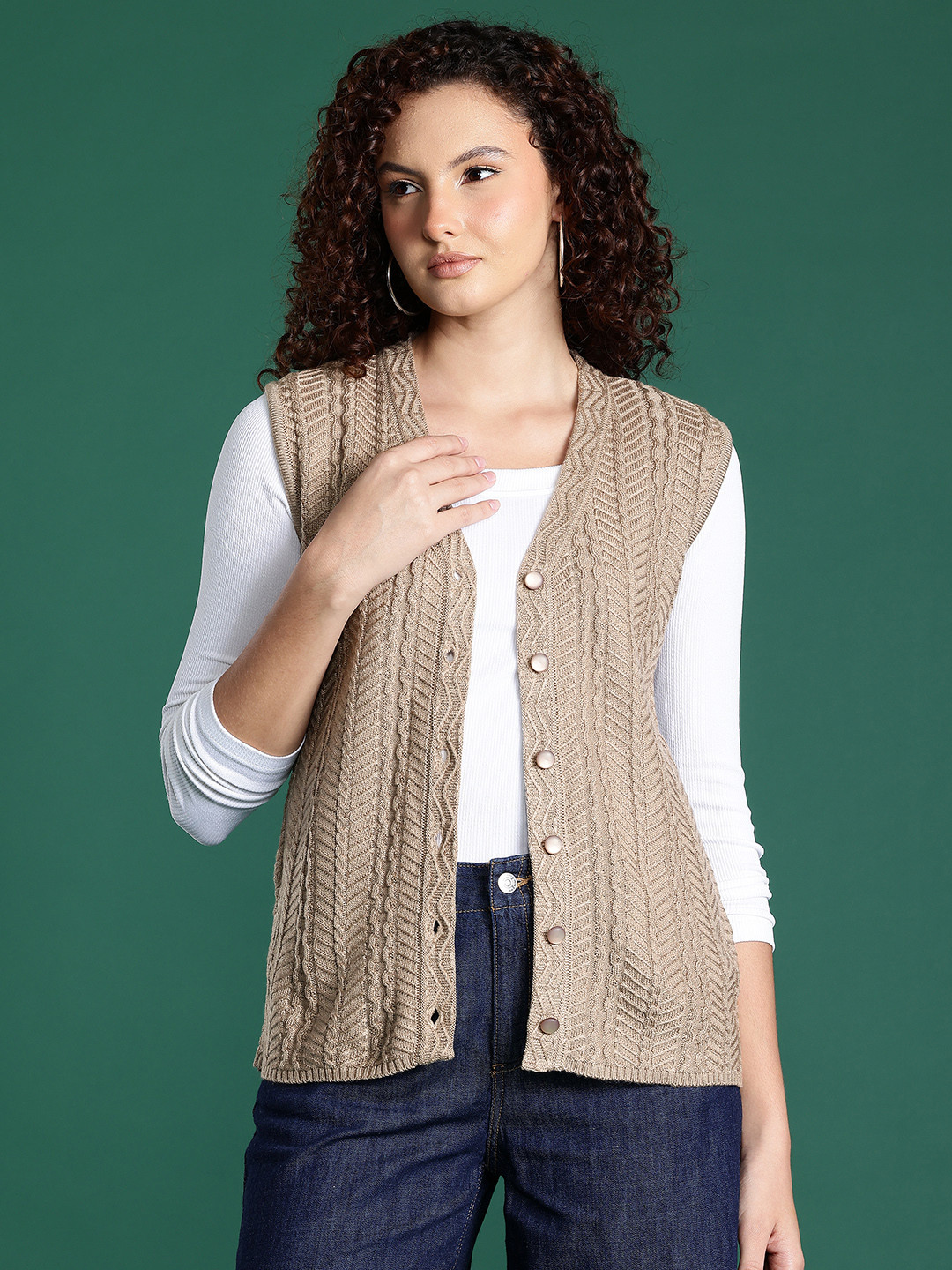 Cayman Self Design Cable Knit Sleeveless Woollen Cardigan