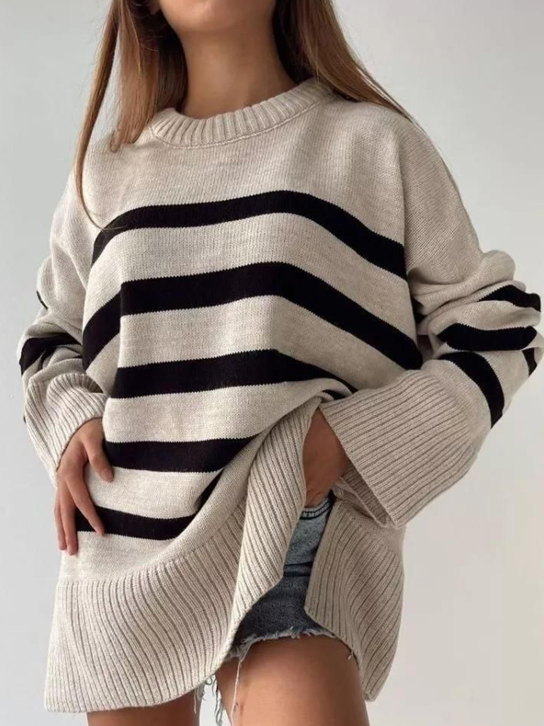 bebe Women Striped Longline Pullover Sweater