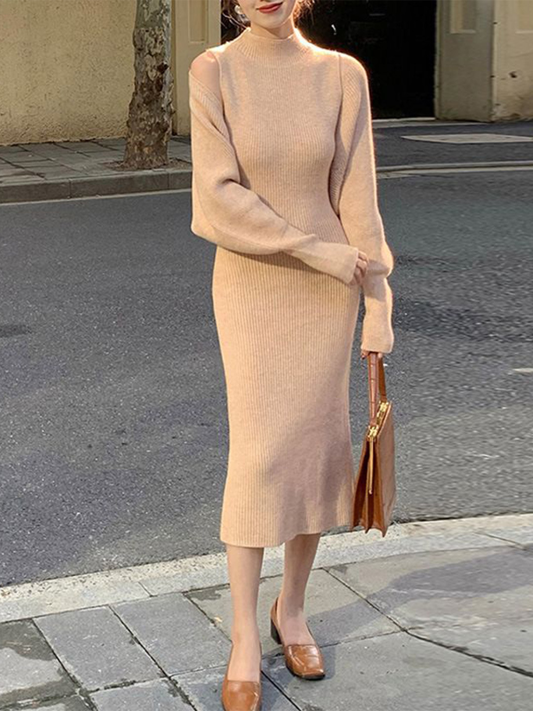 bebe Women Ribbed Knit Mock Neck Cold Shoulder Midi Dress